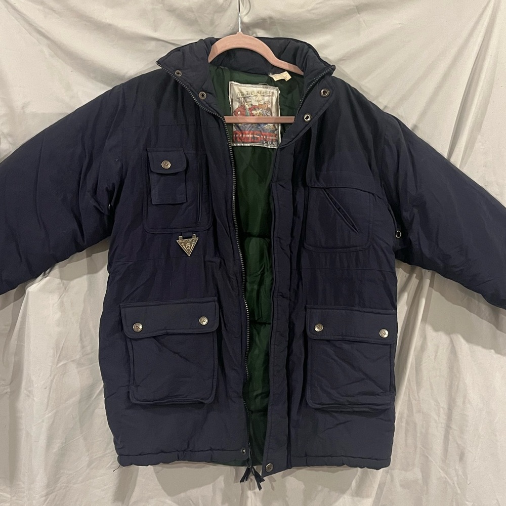 Vintage Rare Ruff Stuff Club Navy Blue Puffer Jacket with Green Lining
